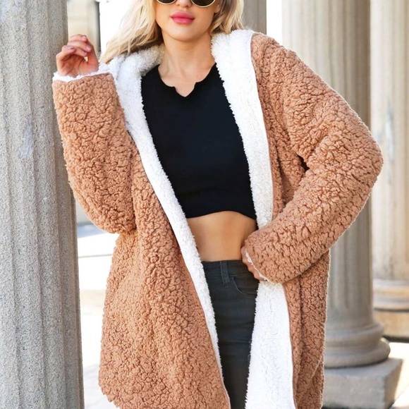 camel white teddy hoodie open front coat jacket - Picture 2 of 6